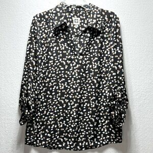 Anne Klein Women’s‎ Medium Black Tan Print Collared Roll Tab Sleeve Tunic
